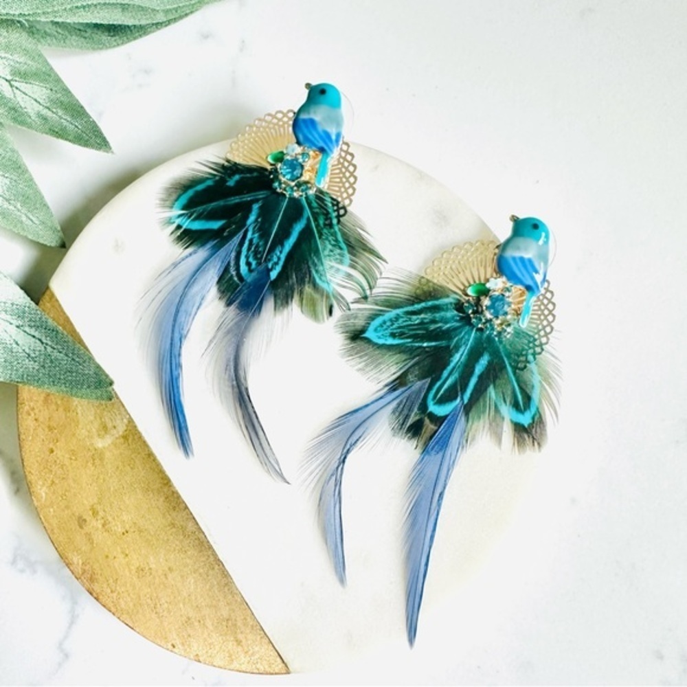 2/$30🌵 Bird Feather Embellished Earrings Bohemian Boho Jewelry Tropical NEW